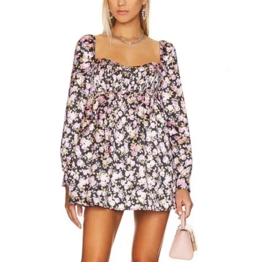 For Love And Lemons- Kate Pink Floral Longsleeve Mini Babydoll Dress